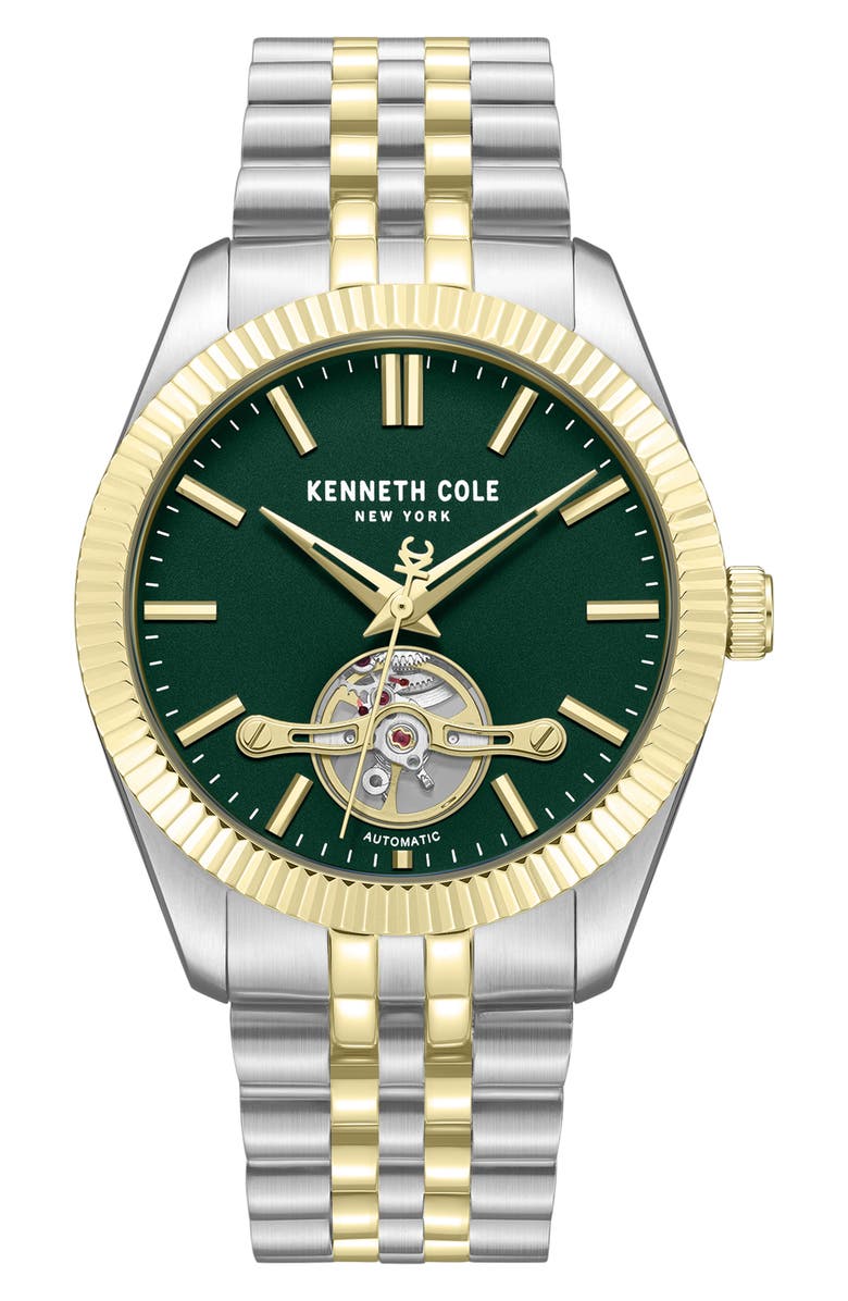 Kenneth Cole New York Open Heart Automatic Two-Tone Bracelet Watch, 43mm, Main, color, Green/ Two Tone