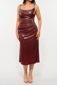 Popilush Metallic Cowl Neck Side Ruched Sculpting Midi Dress