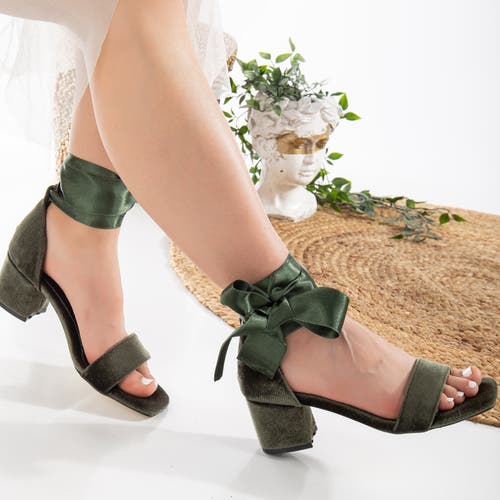 Forever & Always Shoes Women's Ariadne - Green Velvet Sandals With Ribbon In Olive Green Velvet