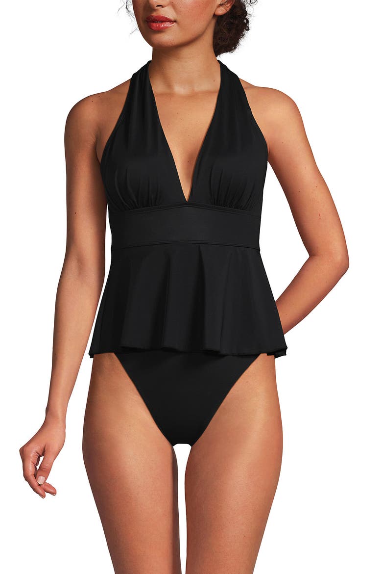 SlenderSuit Plunge Ruched X-Back Ruffle Fauxkini One Piece Swimsuit, Alternate, color, Black