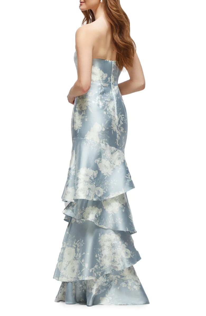 Dessy Collection Floral Ruffle Strapless Tiered Satin Twill Gown, Alternate, color, Seraphina Floral