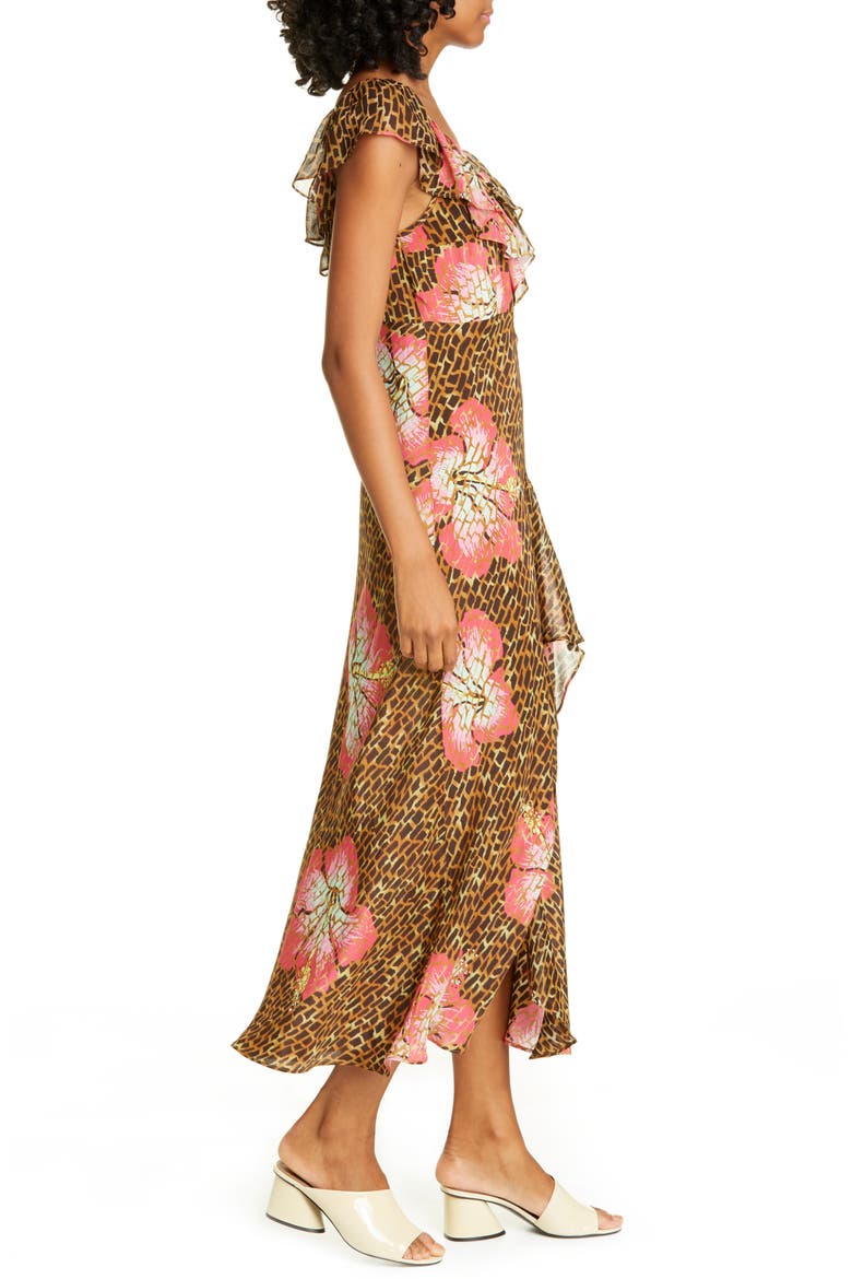Antoinette Floral & Giraffe Print Silk Blend Midi Dress, Alternate, color, HAWAII GIRAFFE CAMEL CORAL
