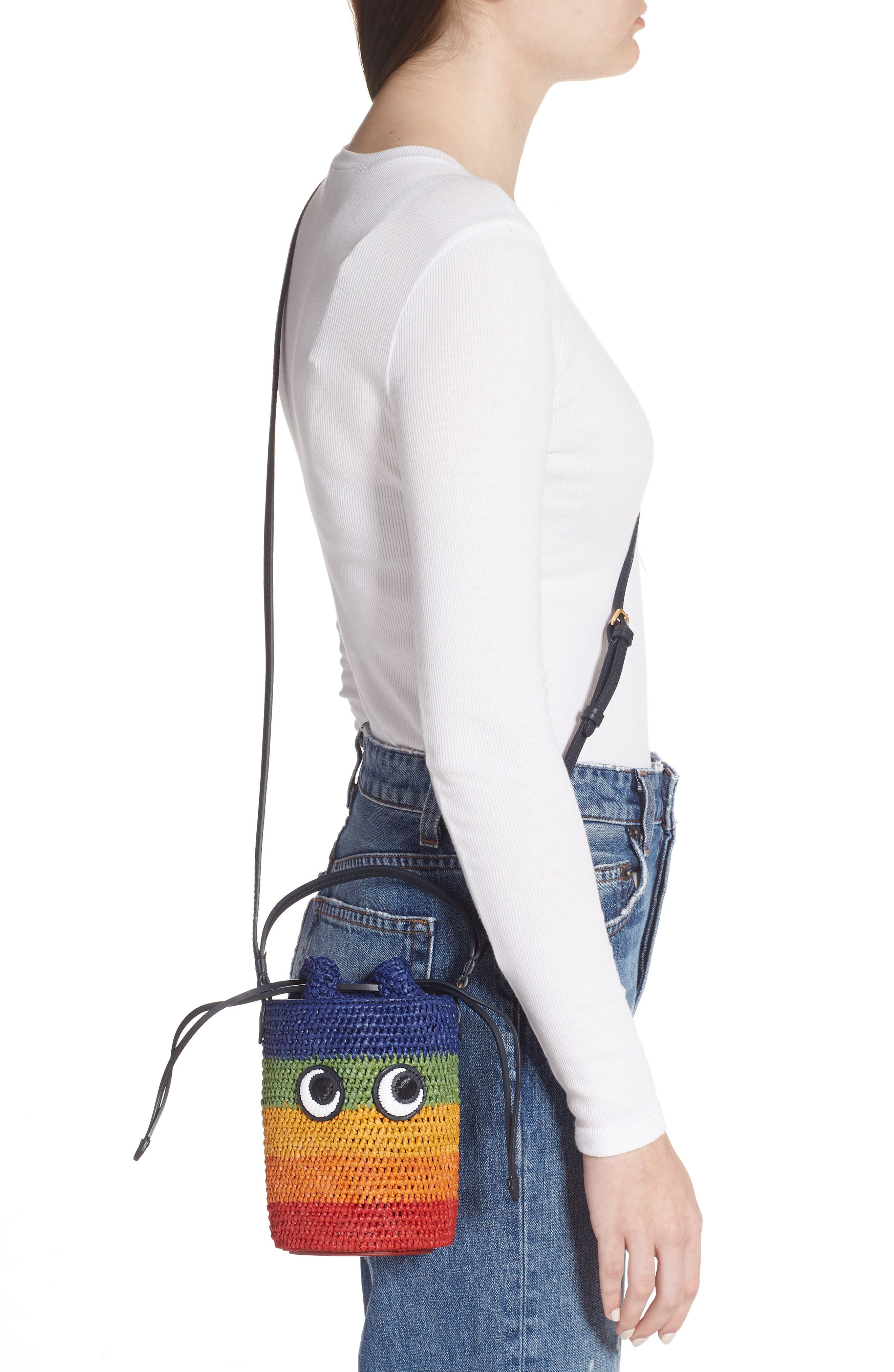 Anya Hindmarch Mini Eyes Raffia Cylinder Crossbody Bag, Alternate, color, 