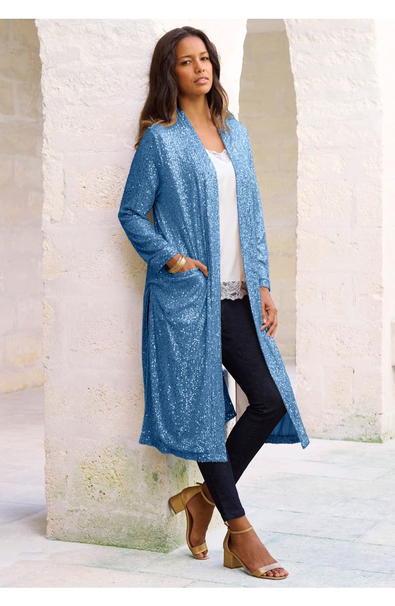 Roaman's Plus Size Sequin Duster, Alternate, color, Black