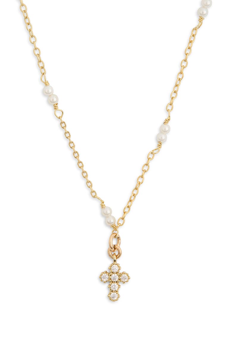 ARGENTO VIVO Cubic Zirconia & Freshwater Pearl Cross Pendant Necklace, Main, color, Gold