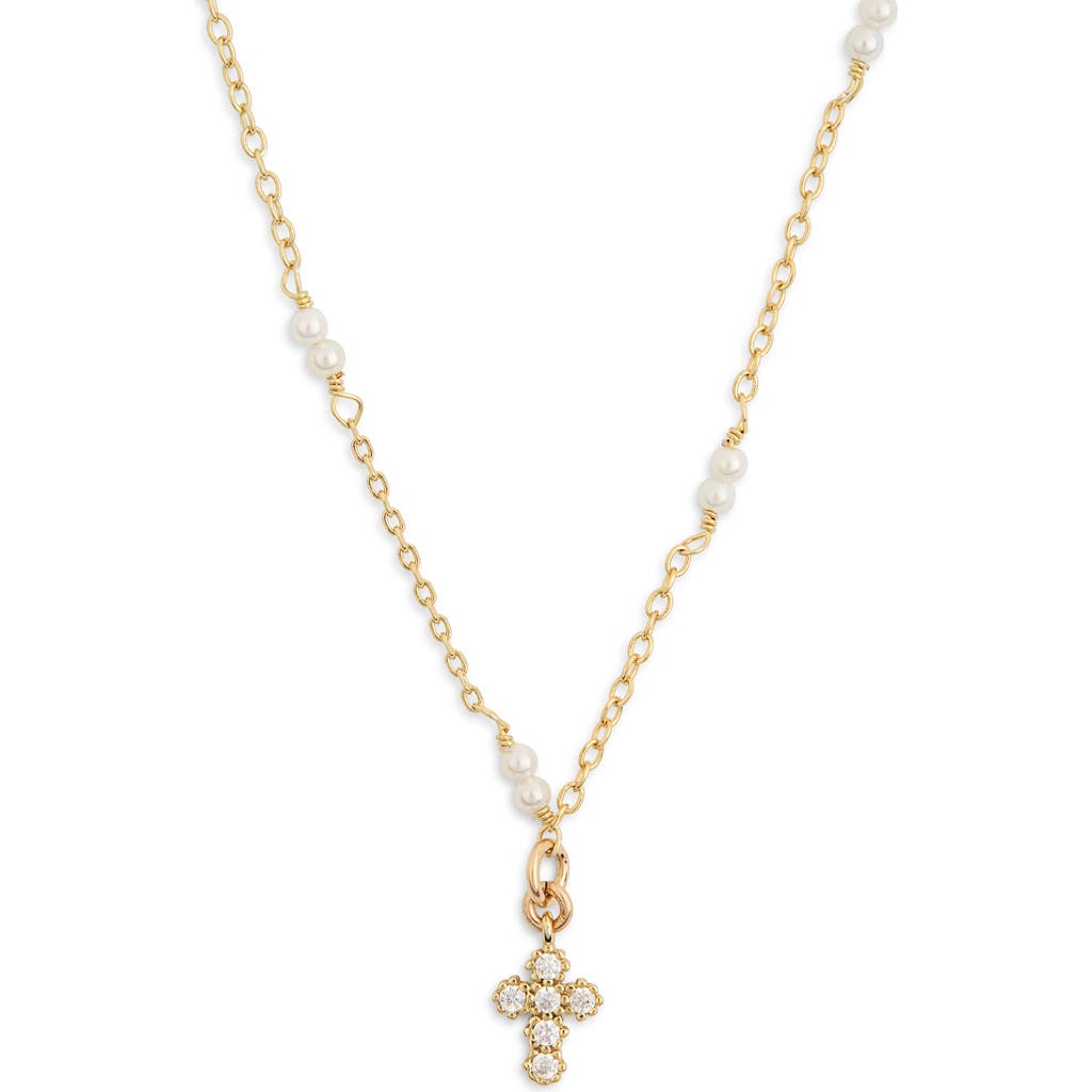 Argento Vivo Cubic Zirconia & Freshwater Pearl Cross Pendant Necklace In Gold