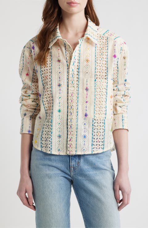Embroidered Eyelet Button-Up Shirt