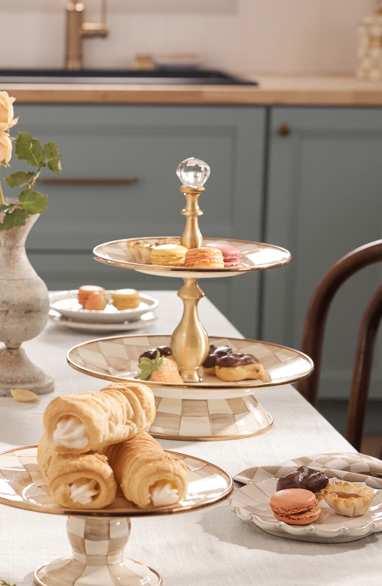 MACKENZIE CHILDS Royal Check Enameled Steel 2-Tier Sweet Stand, Alternate, color, Mocha