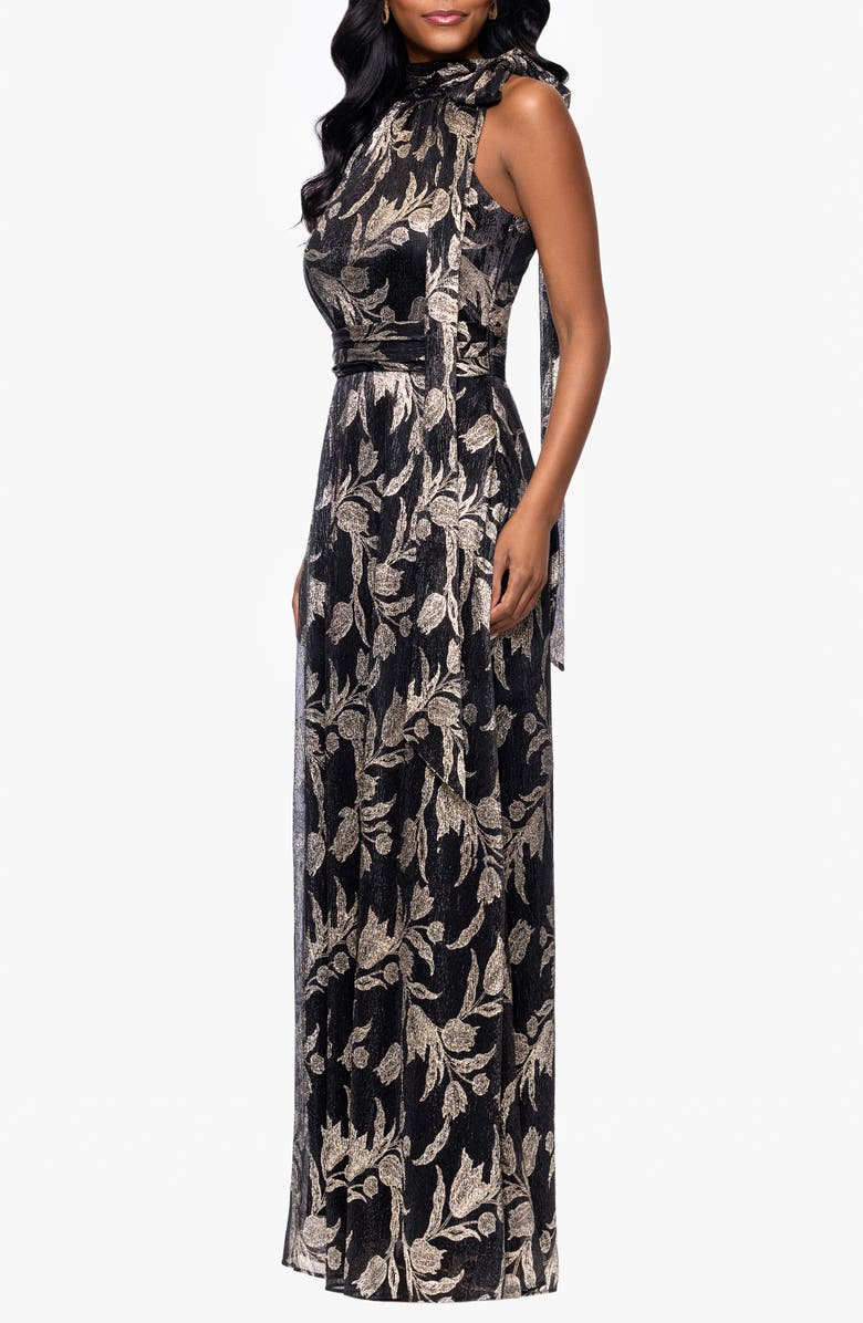 Betsy & Adam Metallic Floral Sheath Gown, Alternate, color, Black/ Gold
