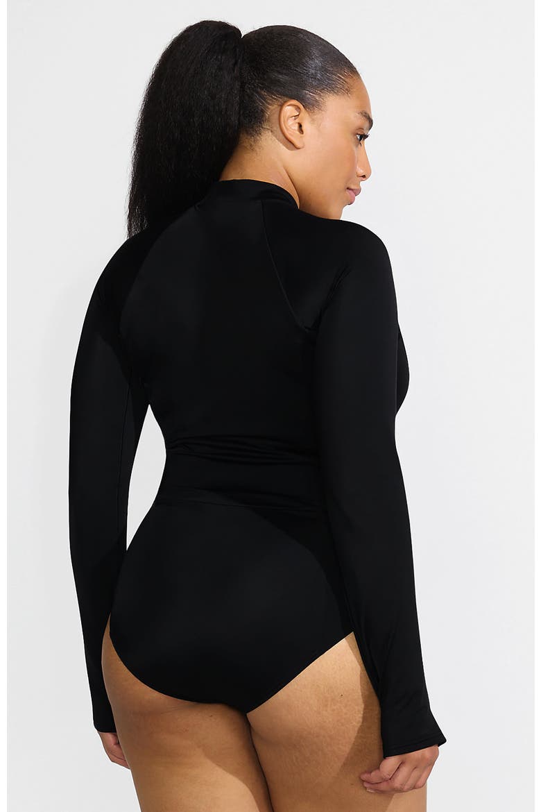 Tugless Long Sleeve Rash Guard One Piece Swimsuit, Alternate, color, Black