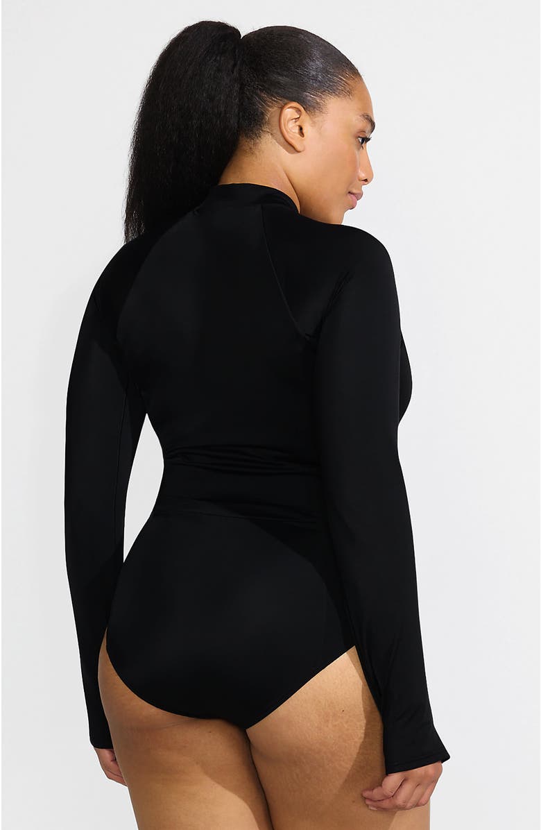 Lands' End Plus Size Tugless Long Sleeve Rash Guard One Piece Swimsuit, Alternate, color, Black