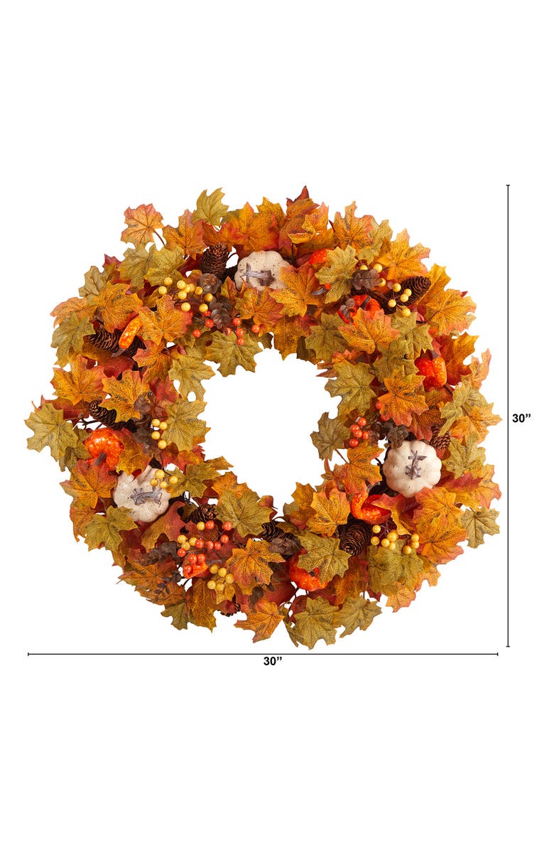 NEARLY NATURAL Autumn Pumpkin & Mable Leaves Wreath, Alternate, color, Orange