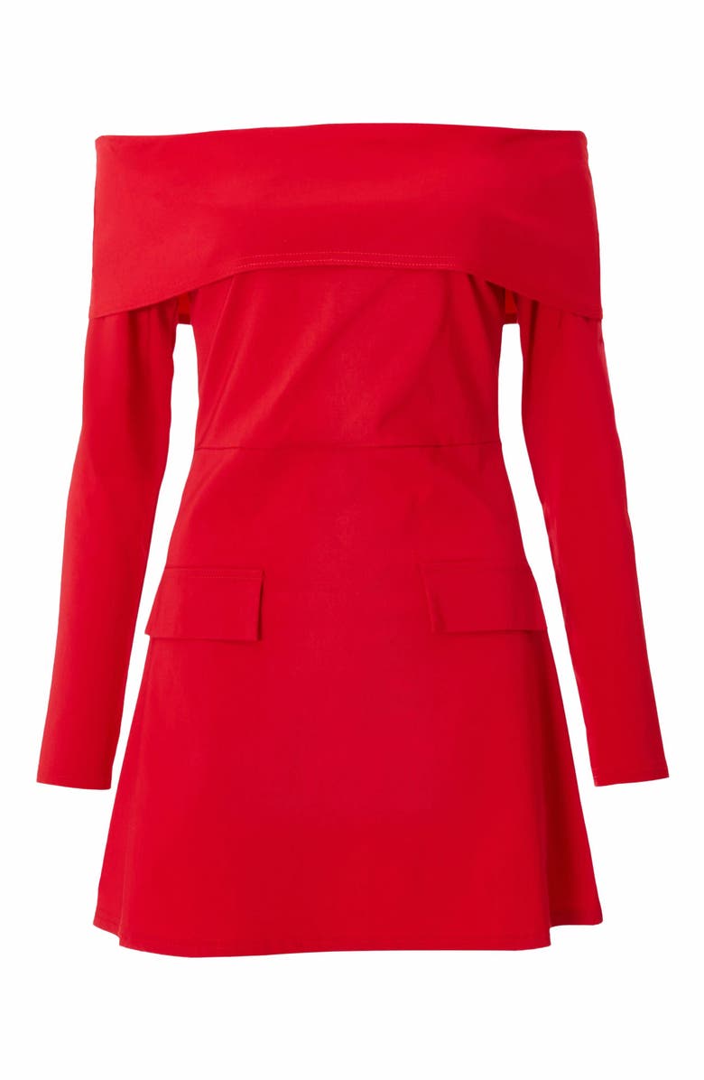 QUIZ Bengaline Bardot Long Sleeve Mini Dress, Alternate, color, Red