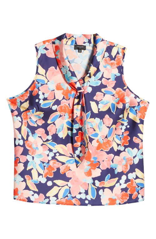 Tahari Asl Floral Sailor Tie Neck Sleeveless Top In Navy Coral Floral
