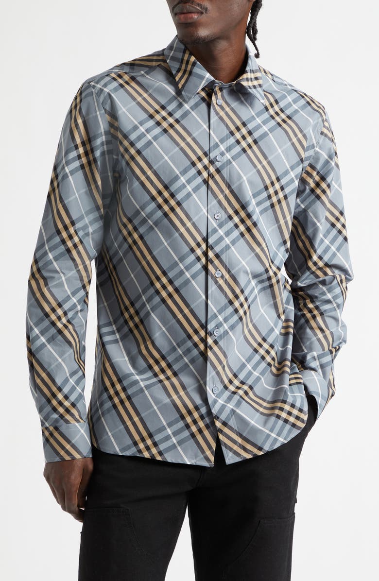 Burberry Robert Regular Fit Check Cotton Poplin Button-Up Shirt, Main, color, Wave Blue Ip Check