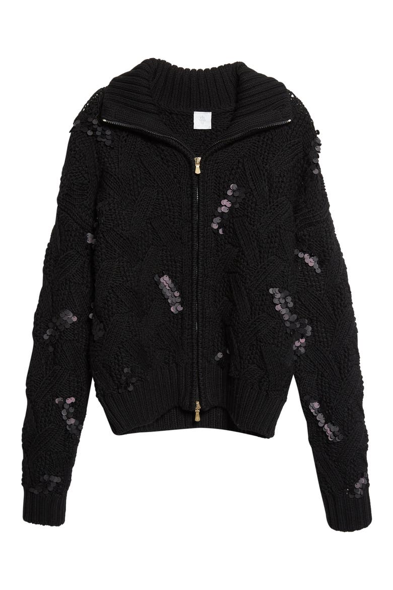 Sequin Embellished Cable Stitch Wool Zip Cardigan, Alternate, color, 22 BLACK