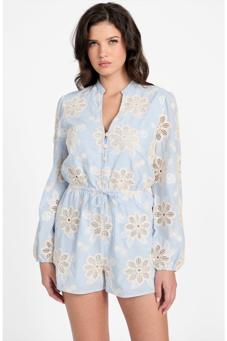 Hazel Floral Embroidered Long Sleeve Cotton Voile Romper, Alternate, color, BLUE