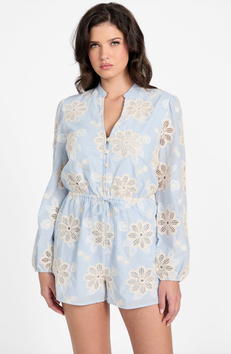 GUESS Hazel Floral Embroidered Long Sleeve Cotton Voile Romper, Alternate, color, Blue