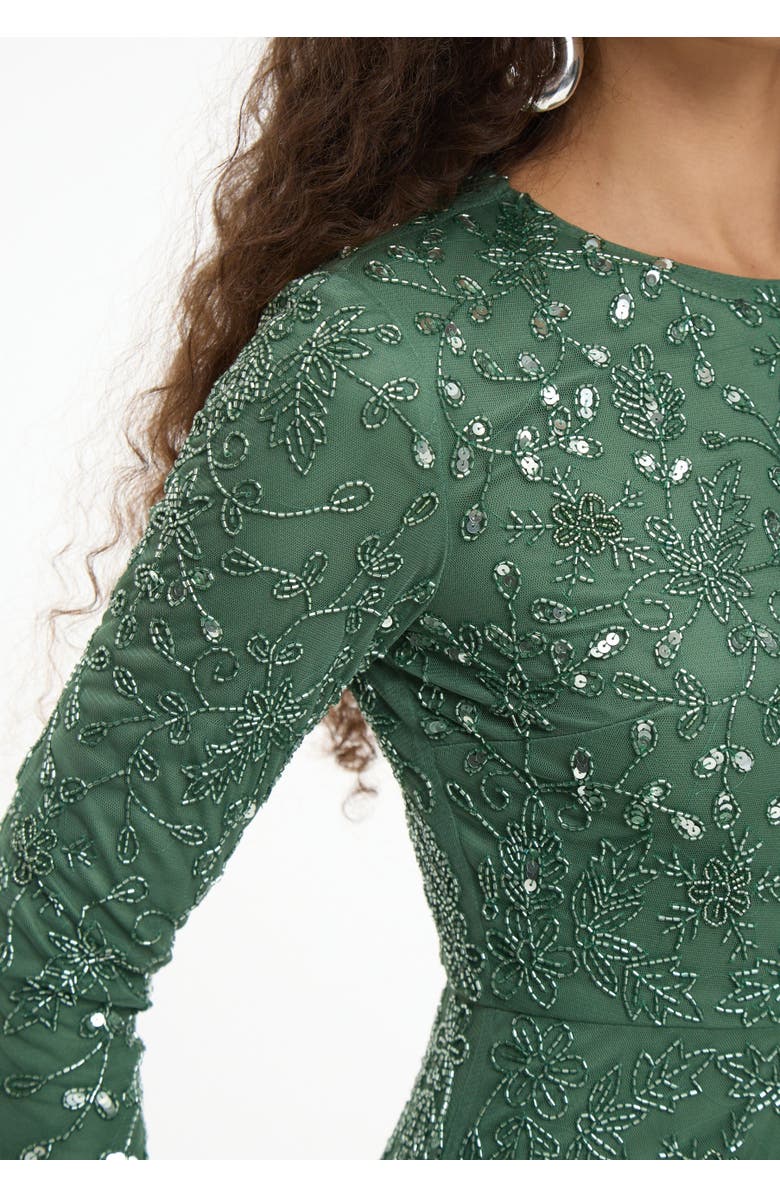 MARYISA Modest Embellished Sequin Beaded Dress Maxi With Long Cape, Alternate, color, Dark Green