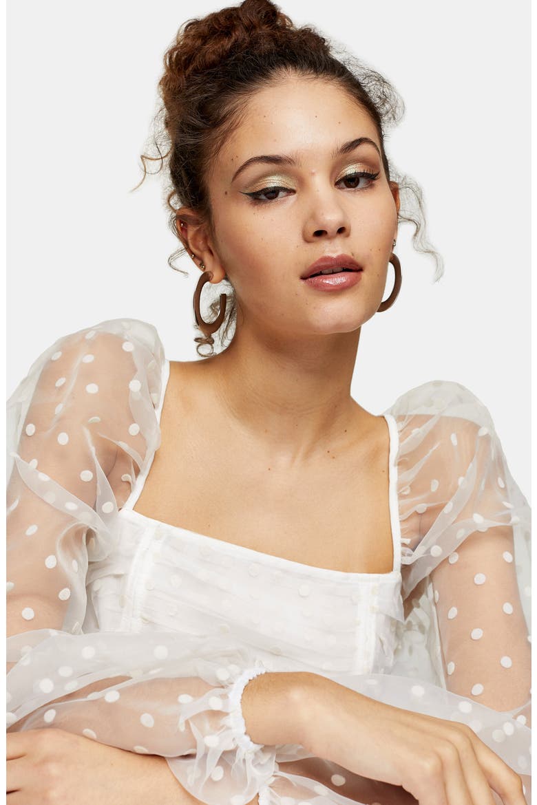 Spot Organza Ruched Corset Top, Alternate, color, WHITE
