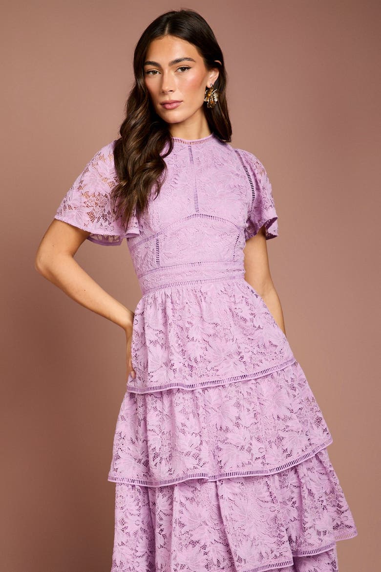 Tiered Lace Flutter Sleeve Midi Dress, Alternate, color, Lilac