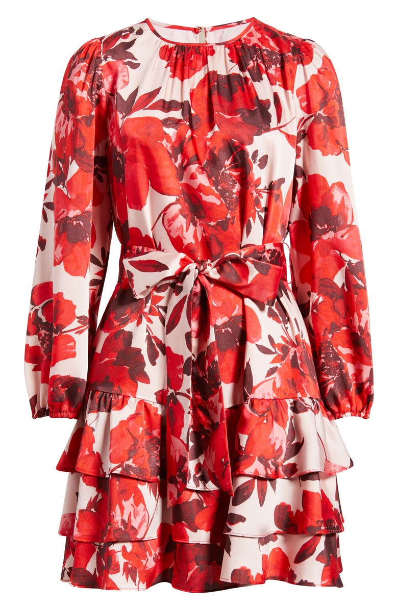 Anne Klein Floral Tiered Tie Waist Dress, Alternate, color, Rose Mist Multi