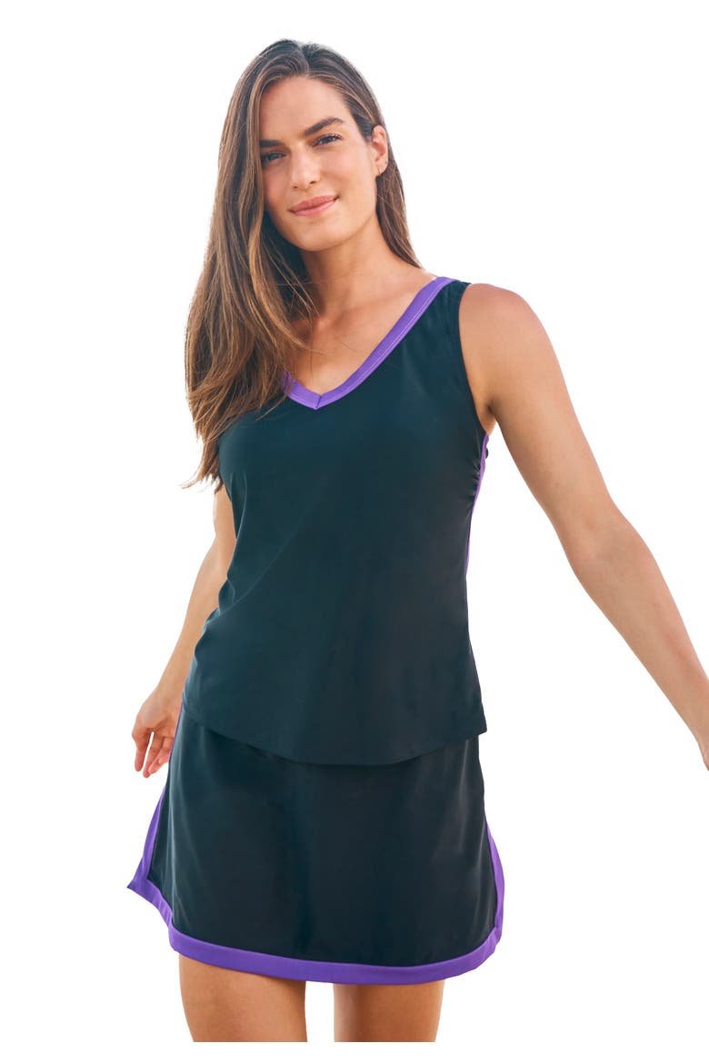 Chlorine-Resistant A-Line Two-Piece Skirtini Set, Main, color, BLACK MIRTILLA