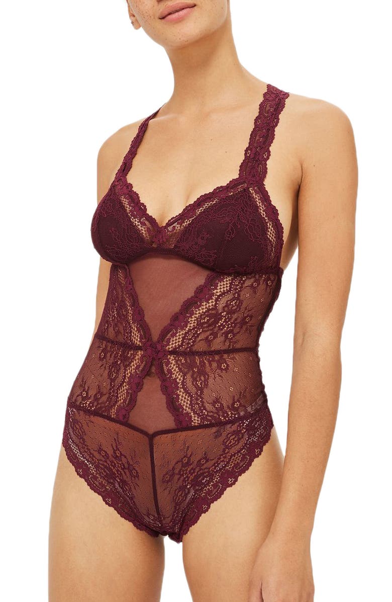 Topshop Cordelia Lace Bodysuit, Main, color, Burgundy