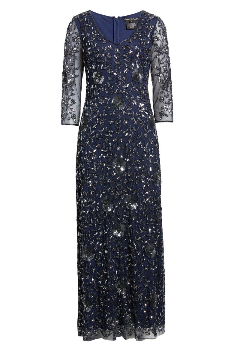 Beaded V-Neck Sheer Sleeve Cocktail Dress, Alternate, color, NAVY/ GUNMETAL 421