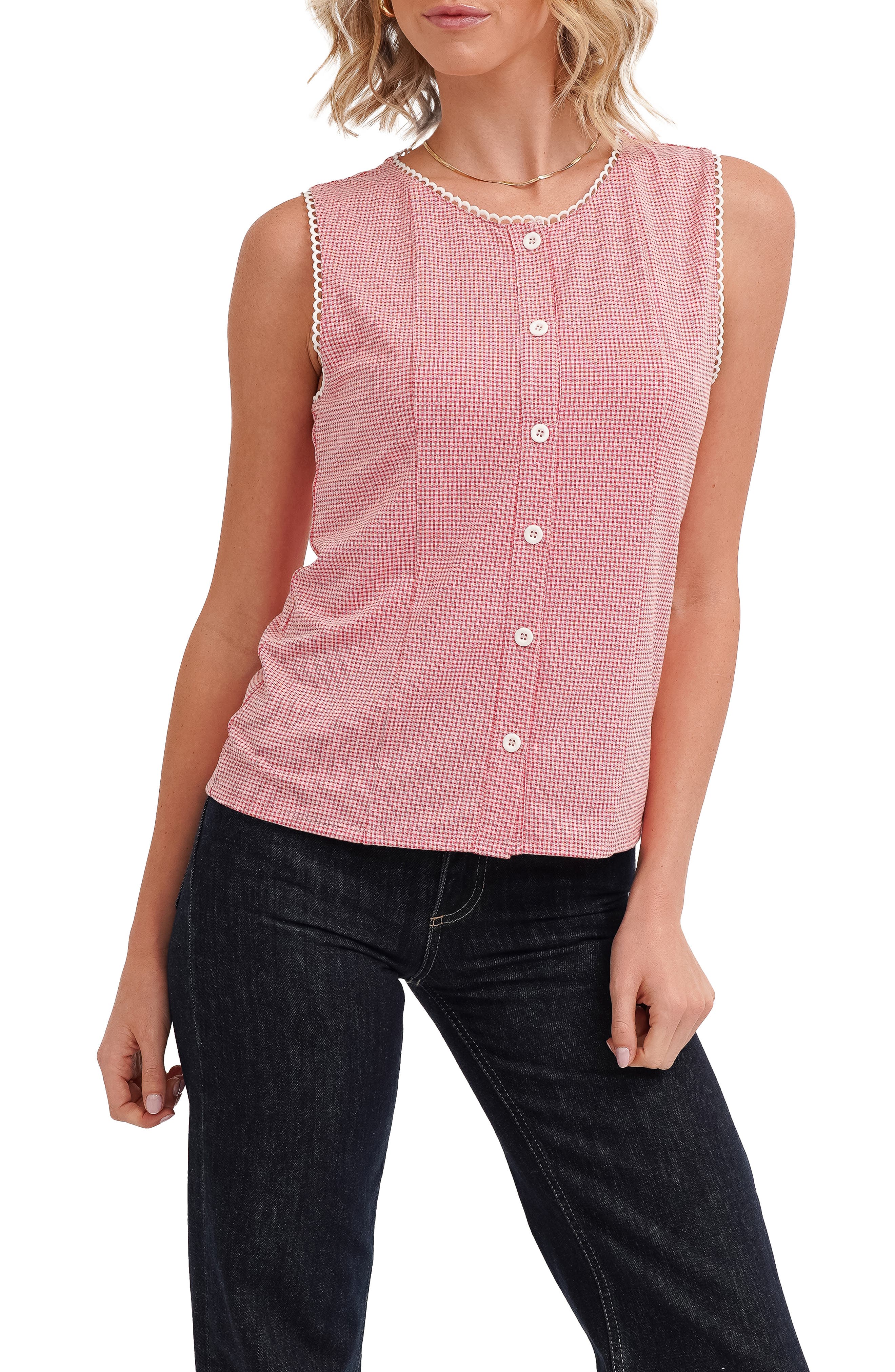CYRUS <p>Picot Trim Sleeveless Houndstooth Top</p>