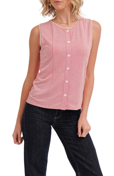 <p>Picot Trim Sleeveless Houndstooth Top</p>