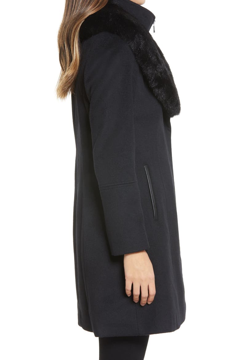 Faux Fur Collar Wool Blend Coat, Alternate, color, BLACK