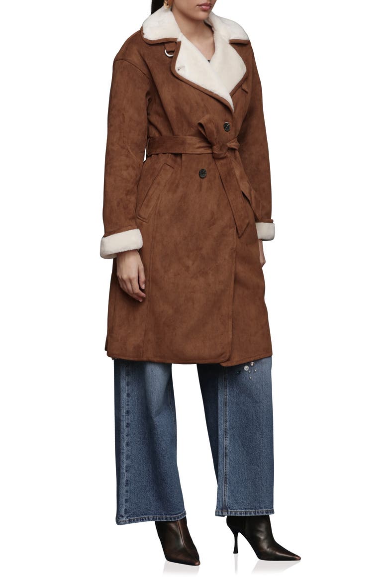 Double Breasted Faux Fur Belted Coat, Alternate, color, CAMEL