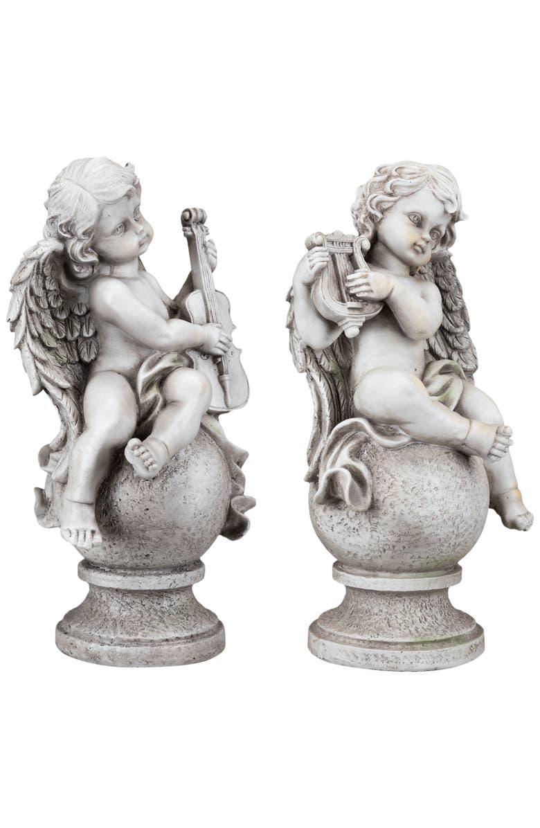 Northlight 14.75" Set of 2 Cherub Angels with Instruments Outdoor Garden Statues, Alternate, color, Gray