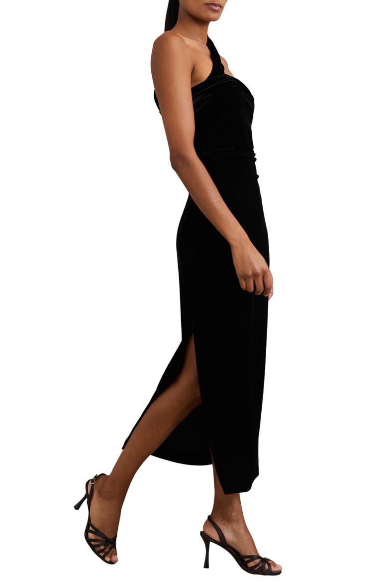 Dalia One Shoulder Velvet Midi Dress, Alternate, color, BLACK