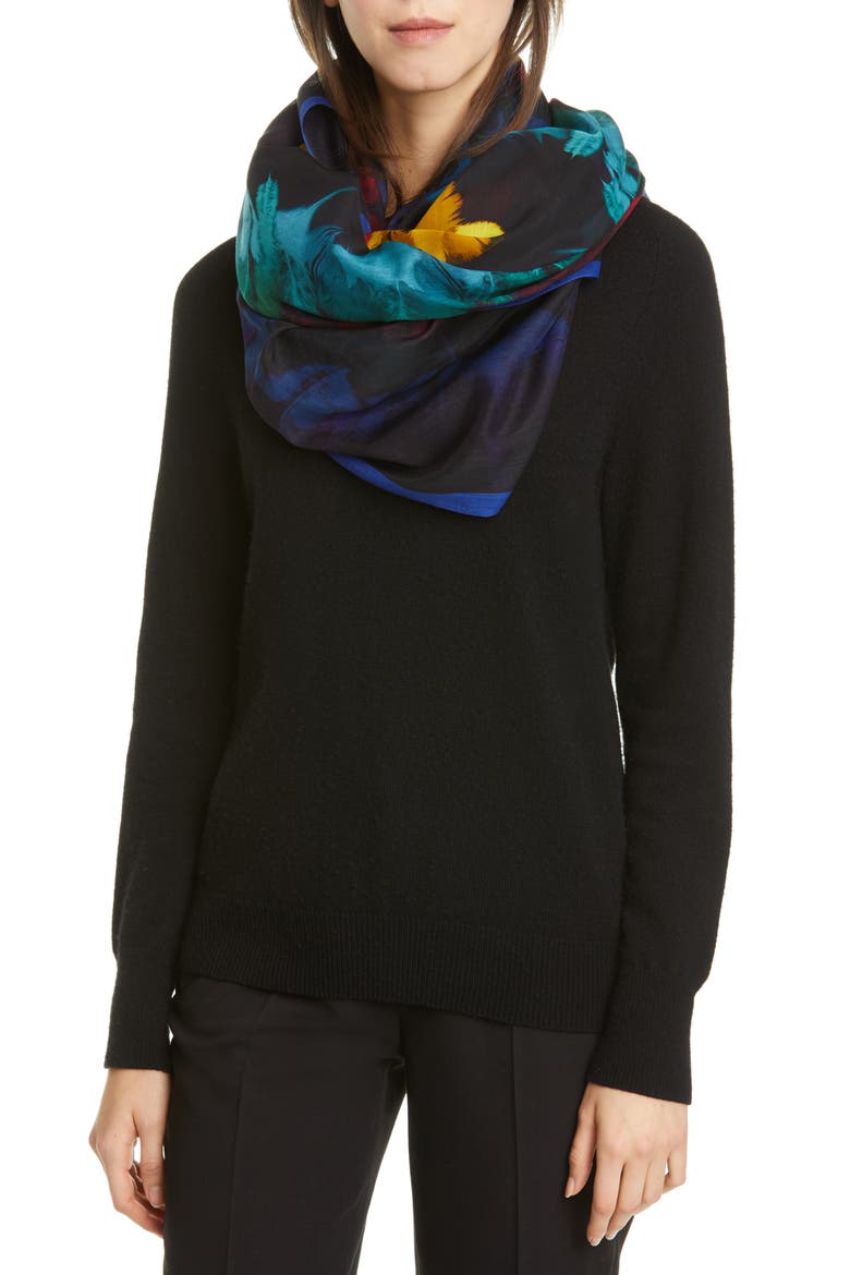 Alexander McQueen Feather Border Pareo, Alternate, color, BLACK/ BLUE