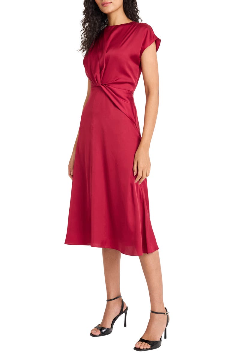 Maggy London Twist Front Cap Sleeve Stretch Satin Dress, Alternate, color, Tibetan Red
