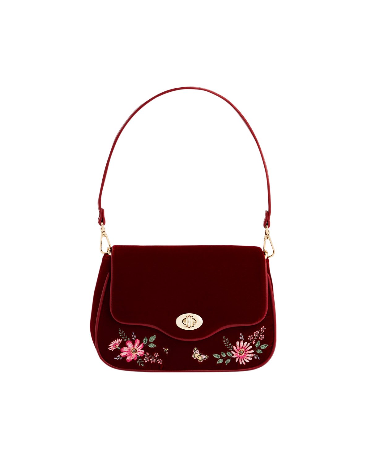 Fable England Mary Floral Embroidered Velvet Clutch, Main, color, Dark Red
