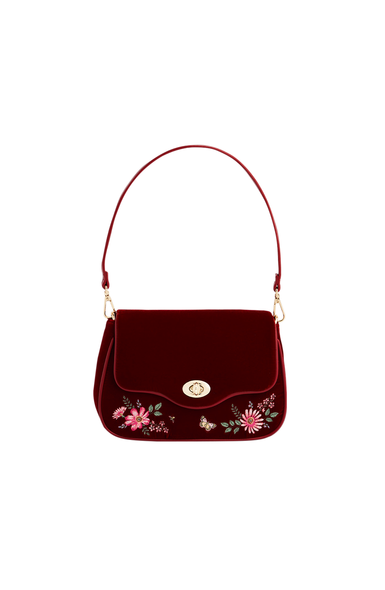 Fable England Mary Floral Embroidered Velvet Clutch, Main, color, Dark Red