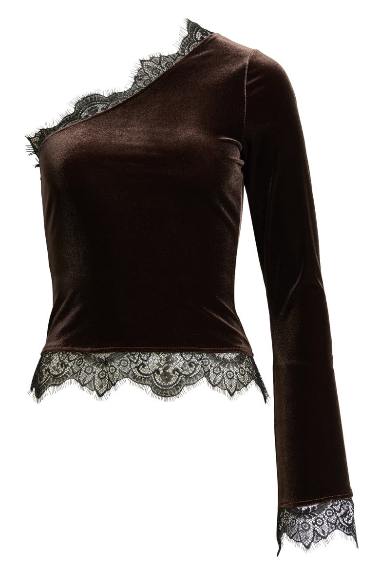 Reliquia Lace Trim One Shoulder Stretch Velvet Top, Alternate, color, CHOCOLAT