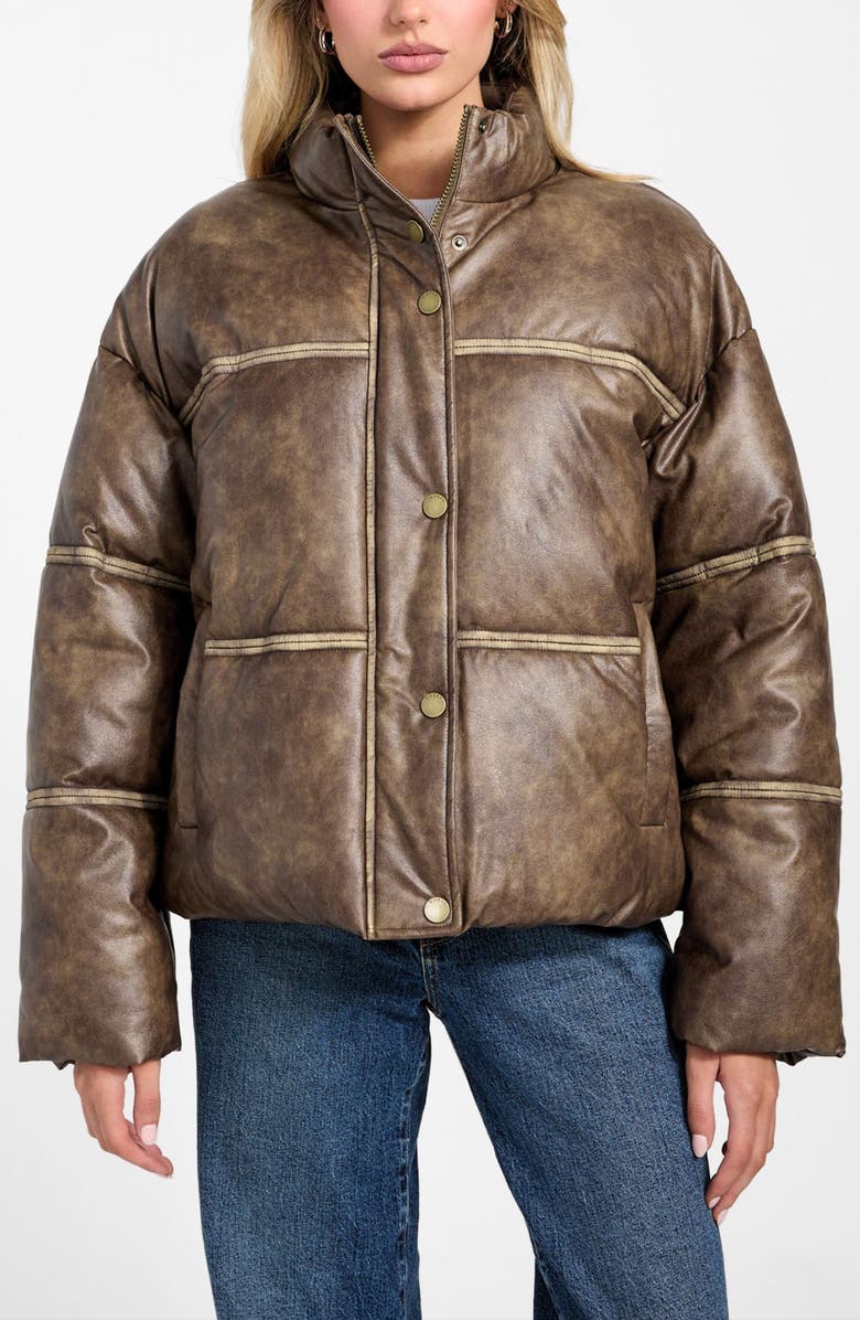 GUESS Puffa Washed Faux Leather Jacket, Main, color, Brown