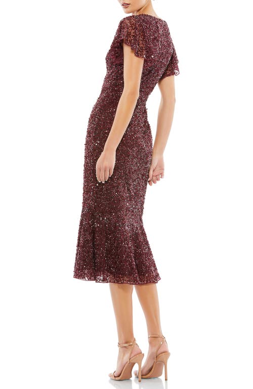 Mac Duggal Sequined V Neck Flutter Cap Sleeve Trumpet Dress In Garnet