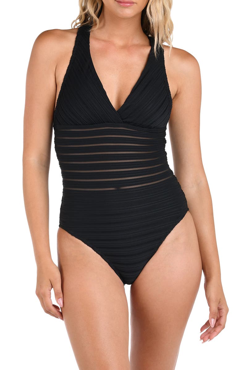 La Blanca Fluid Lines Cross Back One-Piece Swimsuit, Main, color, Black