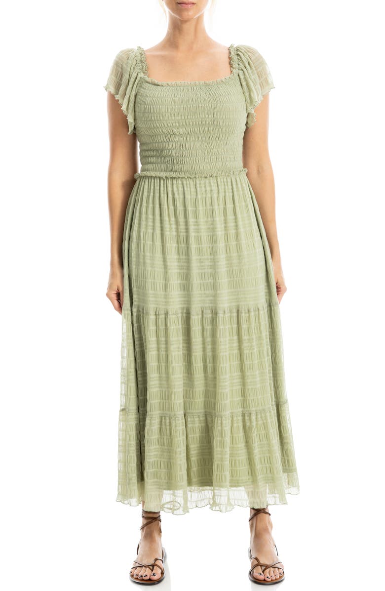 MAX STUDIO Flutter Sleeve Smocked Mesh Midi Dress, Main, color,