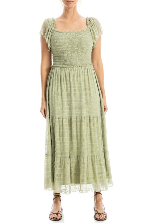 Flutter Sleeve Smocked Mesh Midi Dress