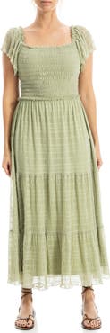 MAX STUDIO Flutter Sleeve Smocked Mesh Midi Dress