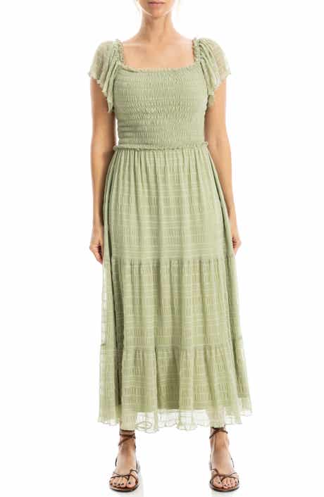 MAX STUDIO Flutter Sleeve Smocked Mesh Midi Dress