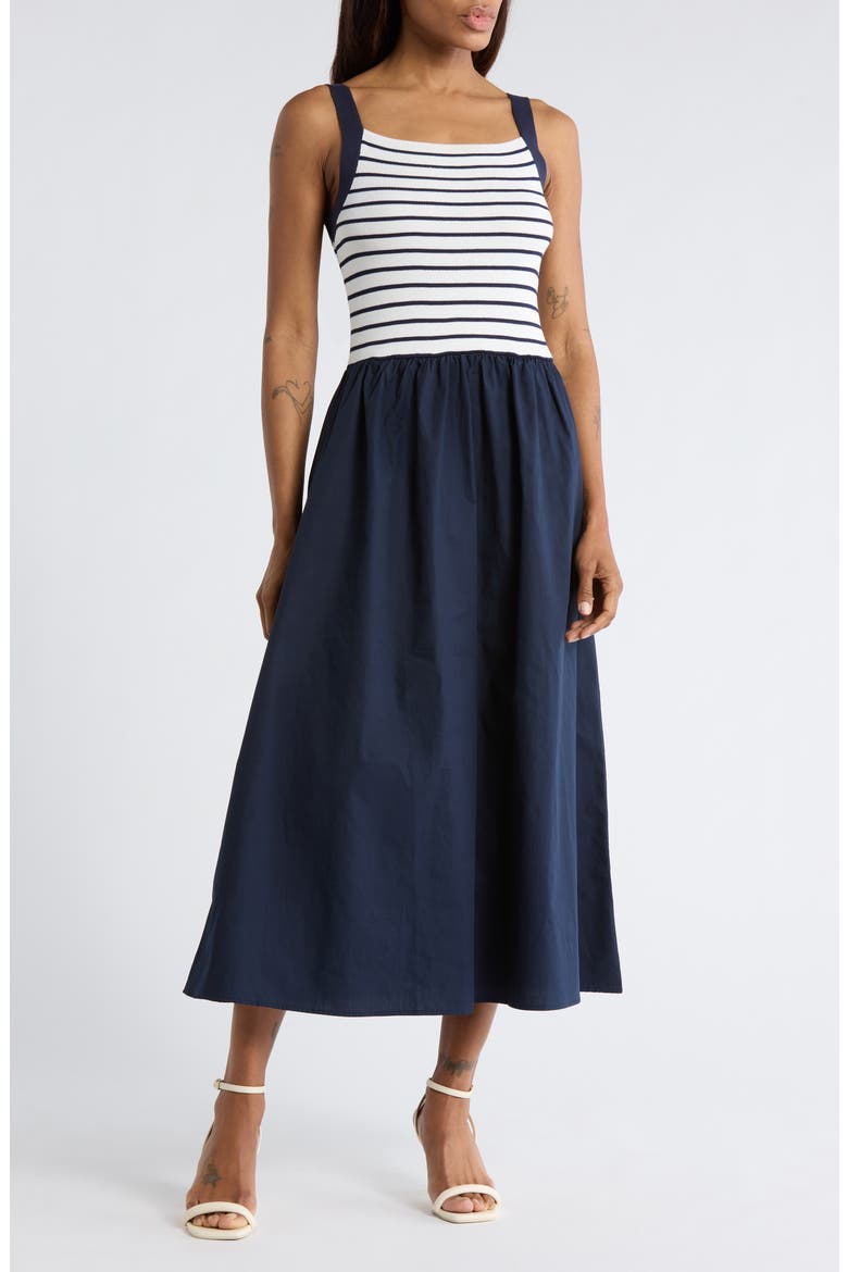 Stripe Sleeveless Mixed Media Midi Dress, Main, color, NAVY