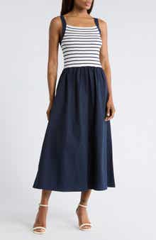 Stripe Sleeveless Mixed Media Midi Dress