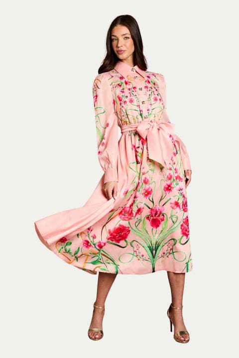 Border Print Organza Shirt Dress